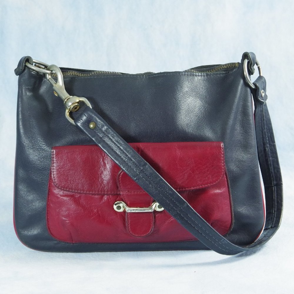Vintage 60s 1960s Mod Genuine Leather Shoulder Bag, Navy & Red
